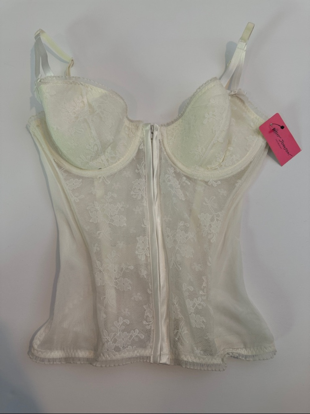 Vintage Betsey Johnson Ivory Floral Lace Bustier Corset Full Zip Ruffle Trim NWT